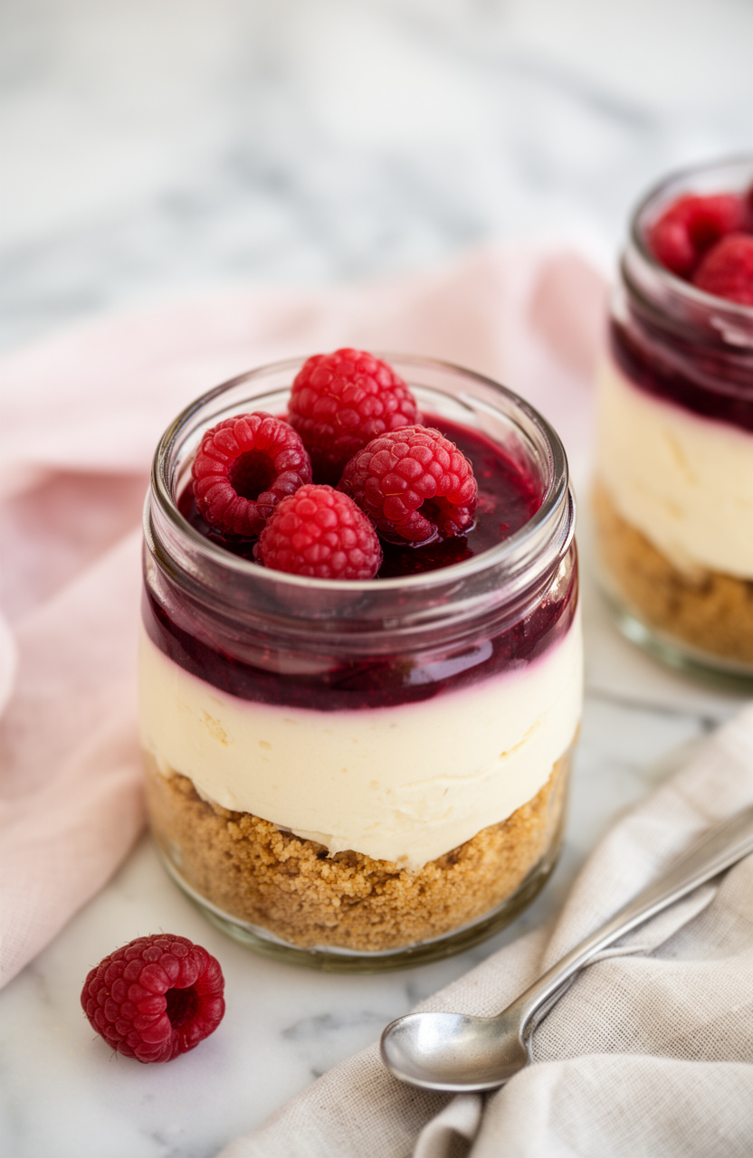 Aesthetic No-Bake Raspberry Cheesecake Jars for Cute Dessert Tables