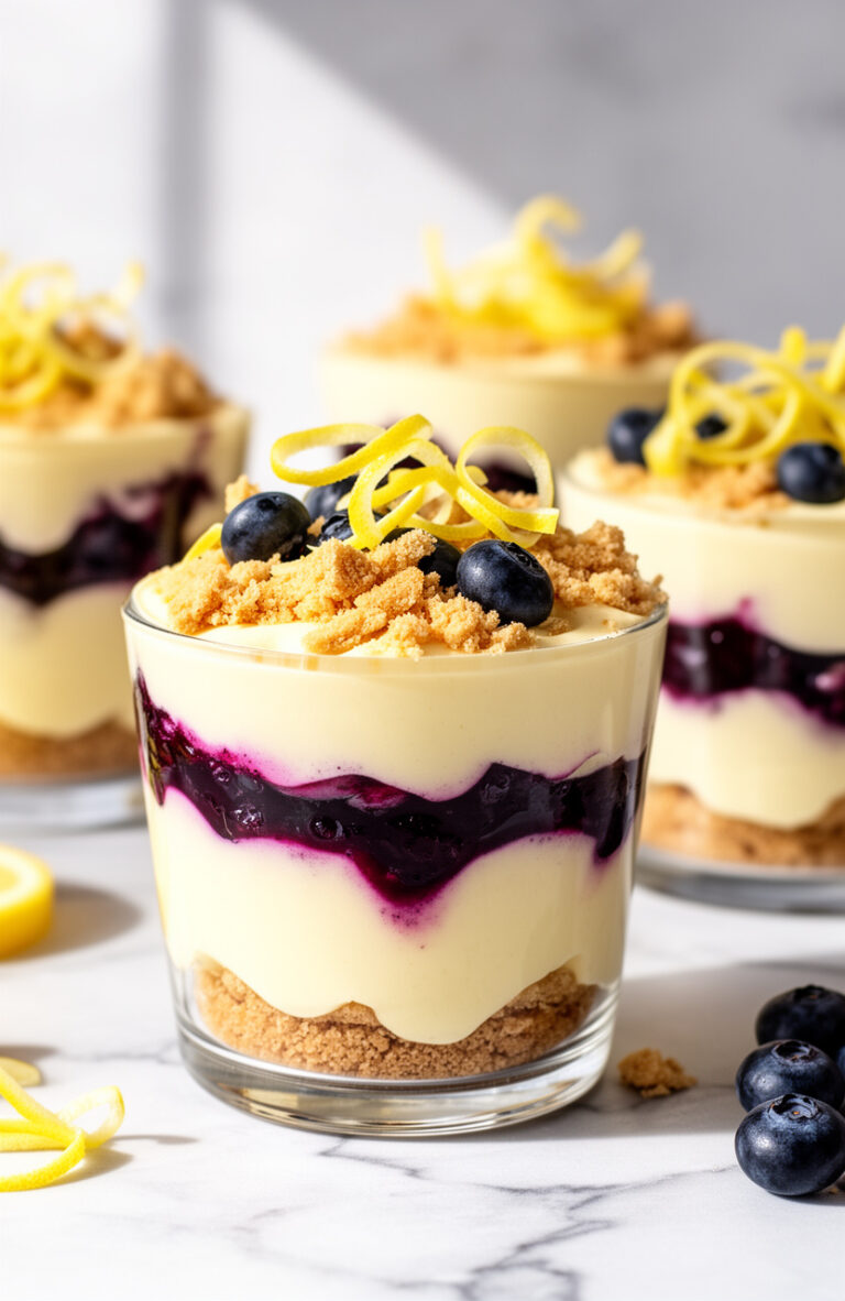 Pretty Layered No-Bake Lemon Blueberry Trifle in Glass Cups