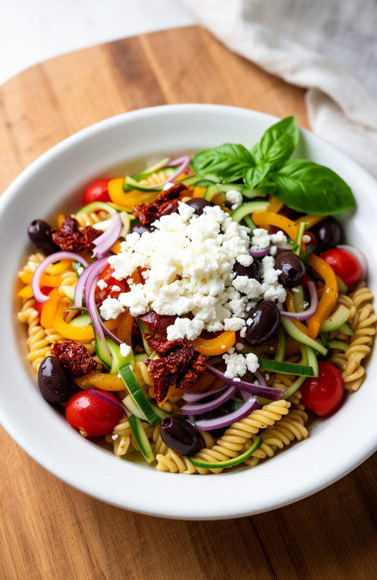 Make-Ahead Greek Pasta Salad with Feta for a Large Graduation Party Buffet