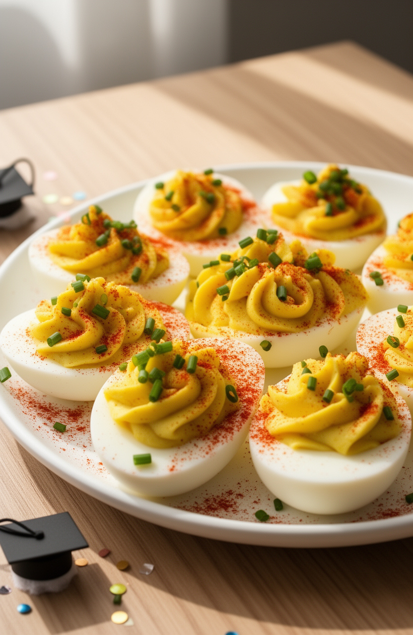 No-Mess Graduation Party Deviled Eggs with Paprika and Chive Garnish