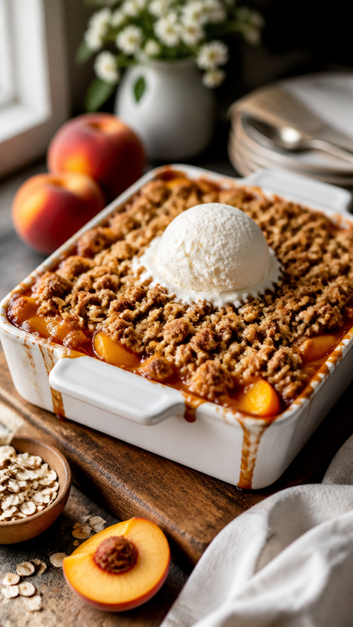 Brown Sugar Peach Crisp With Cold Vanilla Ice Cream