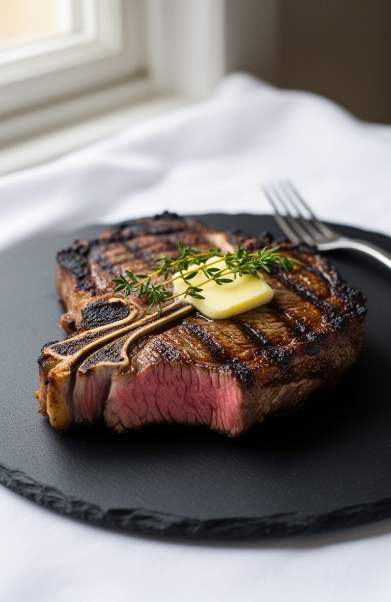 Classic American T-Bone Steak with Smoky Grill Marks