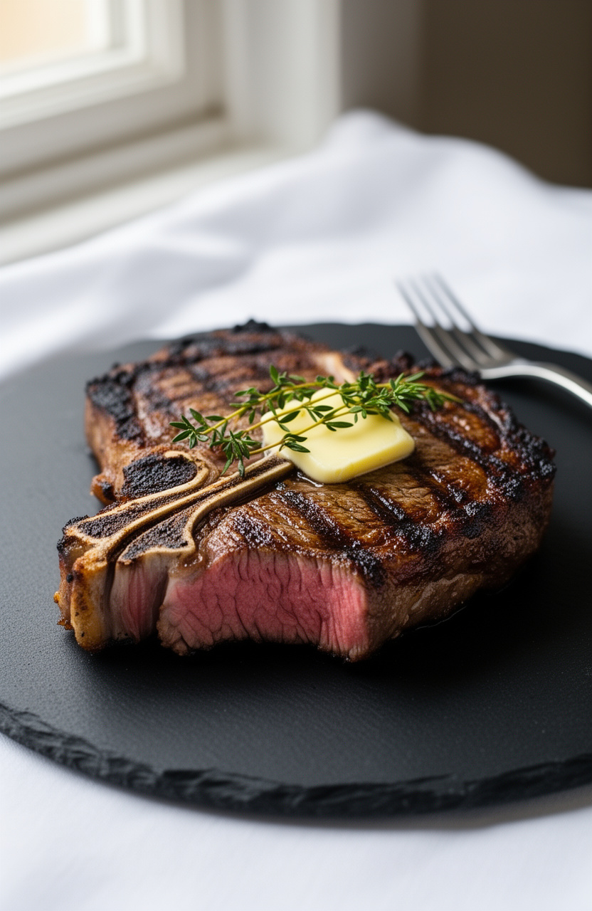 Classic American T-Bone Steak with Smoky Grill Marks