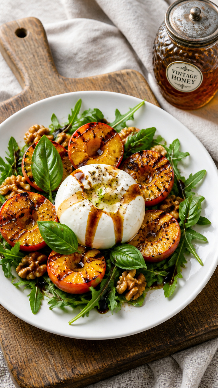 Grilled Peach Burrata Salad with Honey Balsamic Glaze