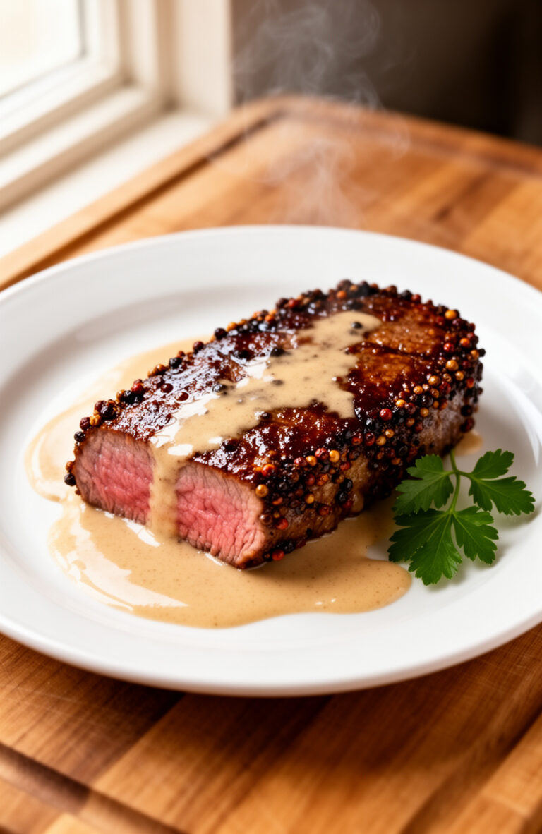 Peppercorn Crusted Steak with Creamy Sauce