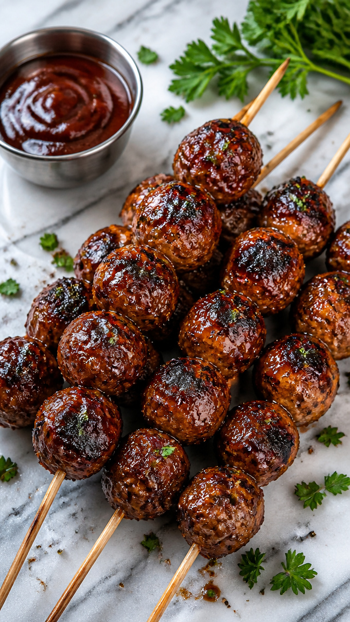 Smoky BBQ Grilled Meatballs on Skewers
