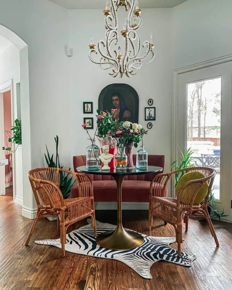 Beaded chandelier over eclectic seating