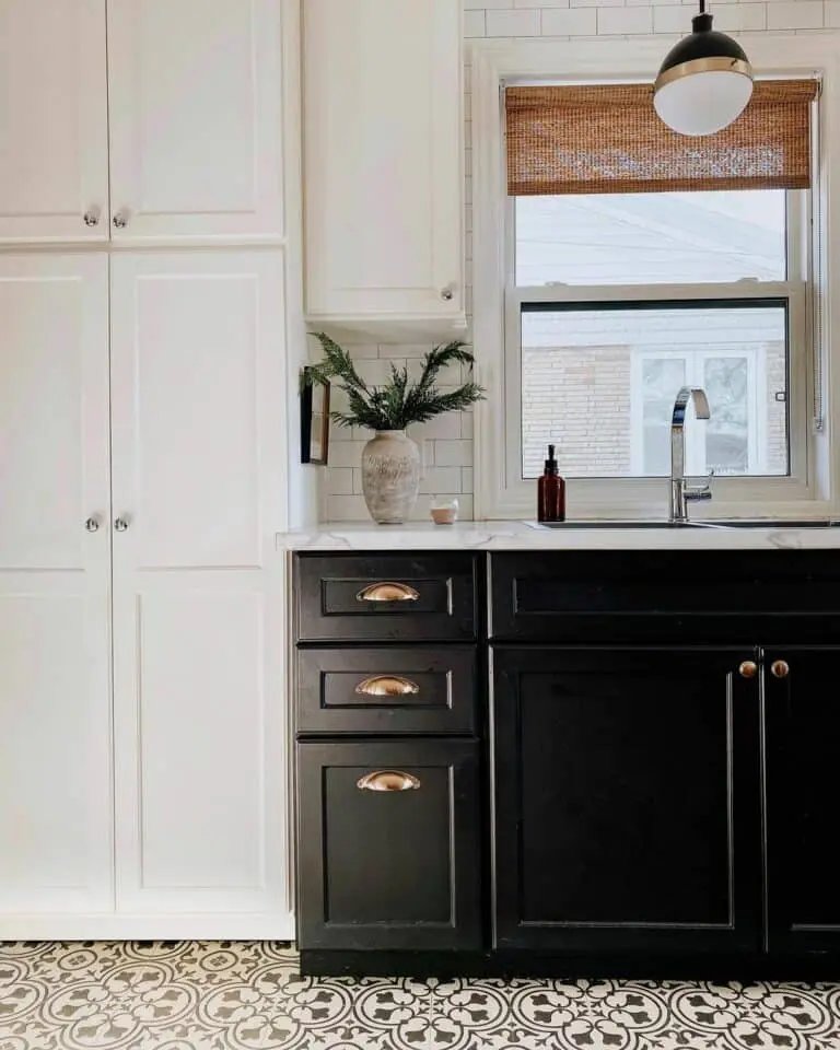 Black and cream cabinets with rattan blinds