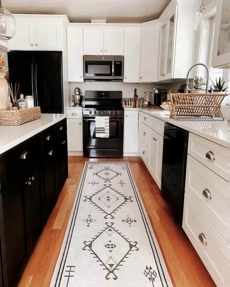 Black and white cabinets, wood floor