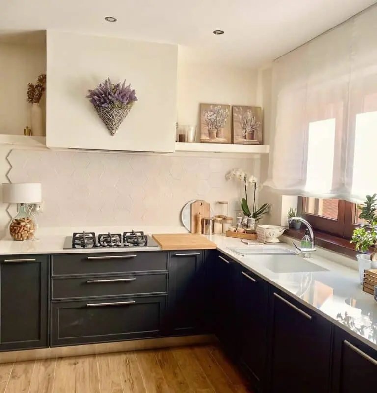 Black cabinets in modern farmhouse kitchen