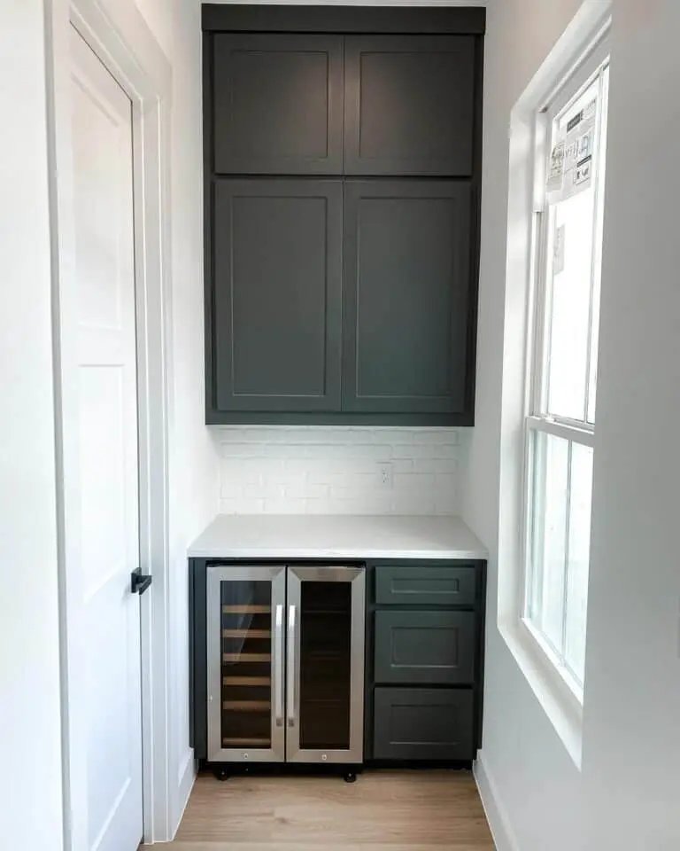 Black cabinets, wood shelves, metal frame