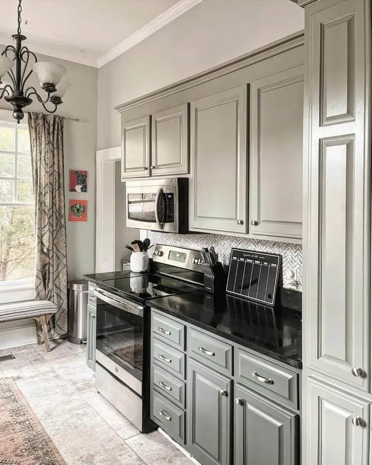 Black Chandelier in Gray Kitchen