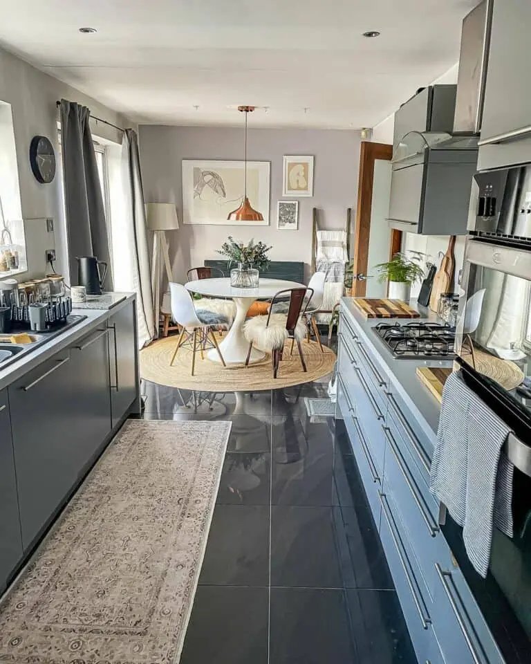 Black Tile Floor with Gray Cabinets