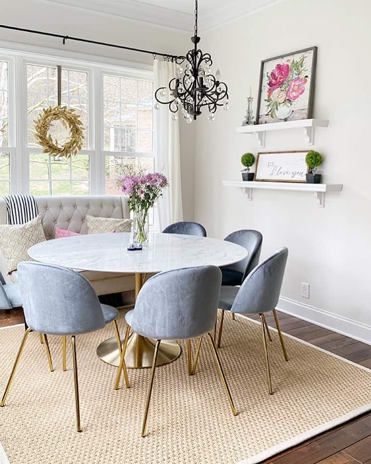 Blue velvet chairs, floral art