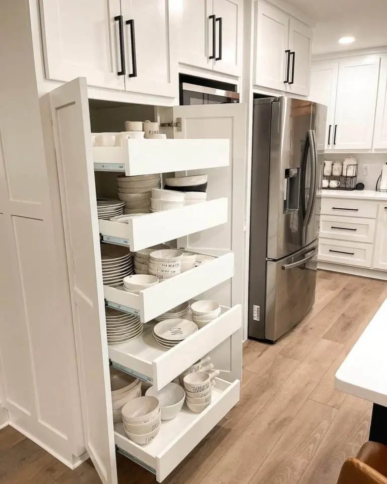 Cream cabinet with black hardware