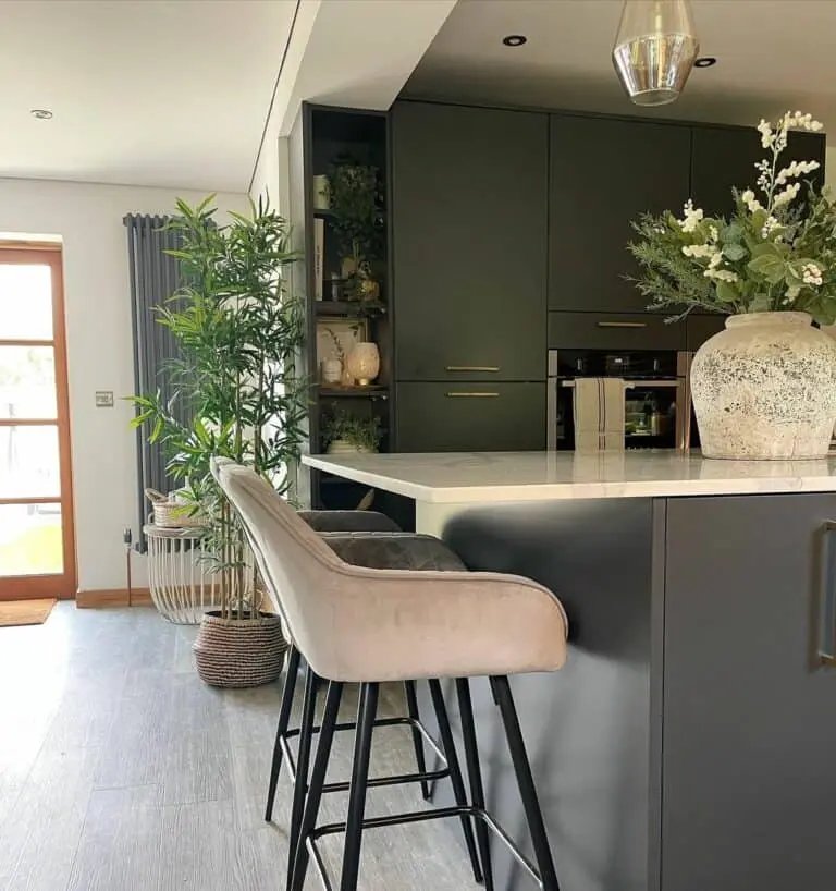 Dark Gray Cabinets and Marble Countertops