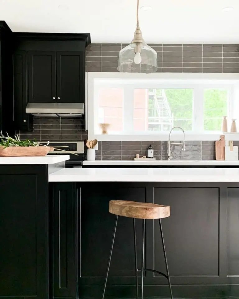Dark gray stacked tile backsplash