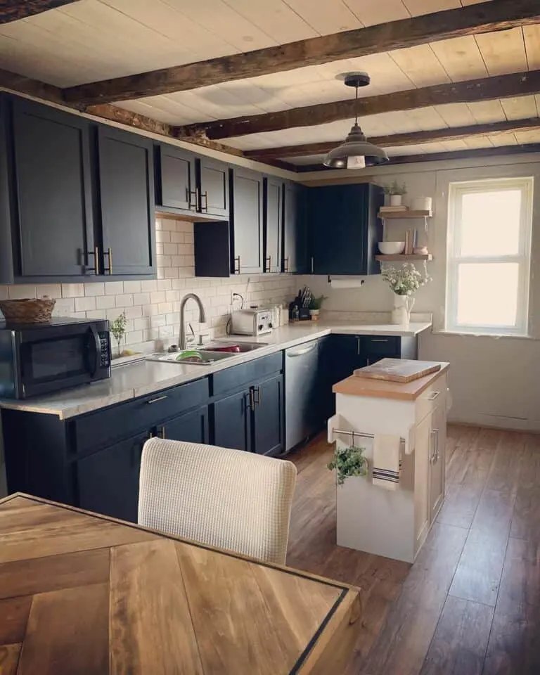 Exposed Beams and Black Cabinets