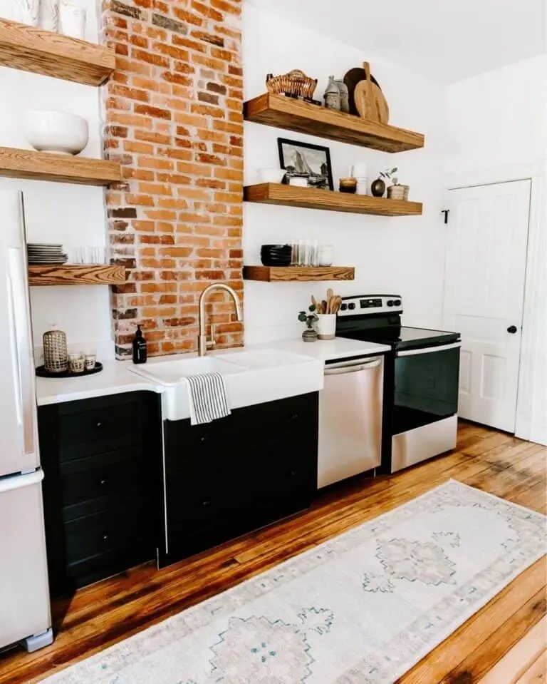 Exposed brick with wood shelves