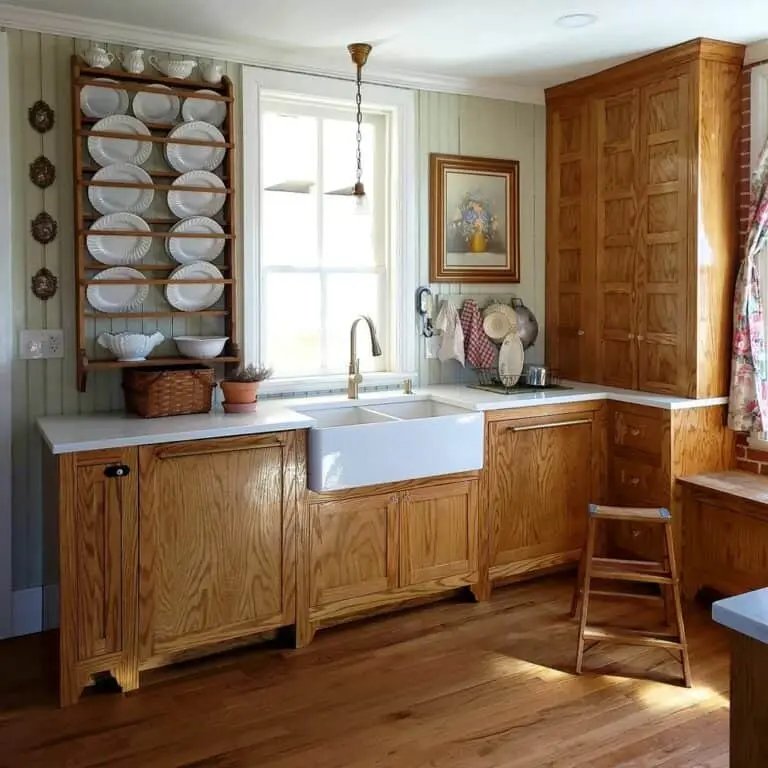 Farmhouse Kitchen With Oak Cabinets and Shelves