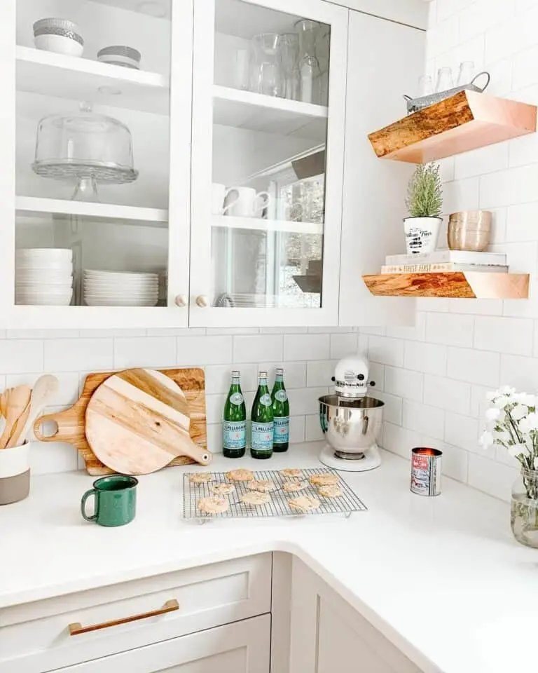Glass cabinets, white trim, wood accents