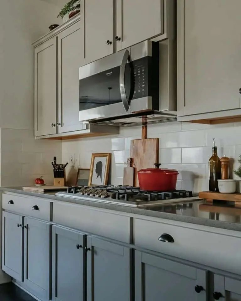Gray cabinets, white tiles