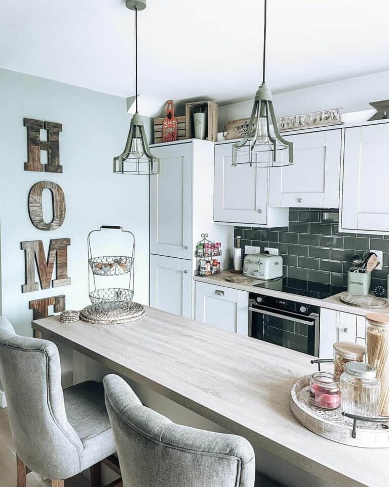 Gray subway tile backsplash