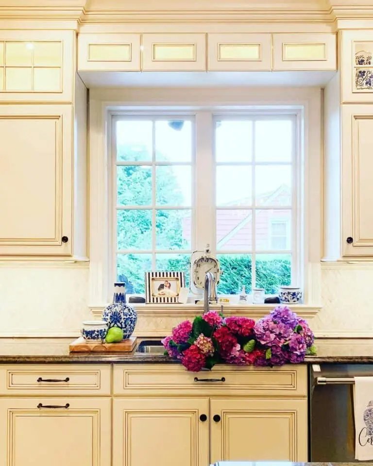 Hydrangeas and Cream Cabinets