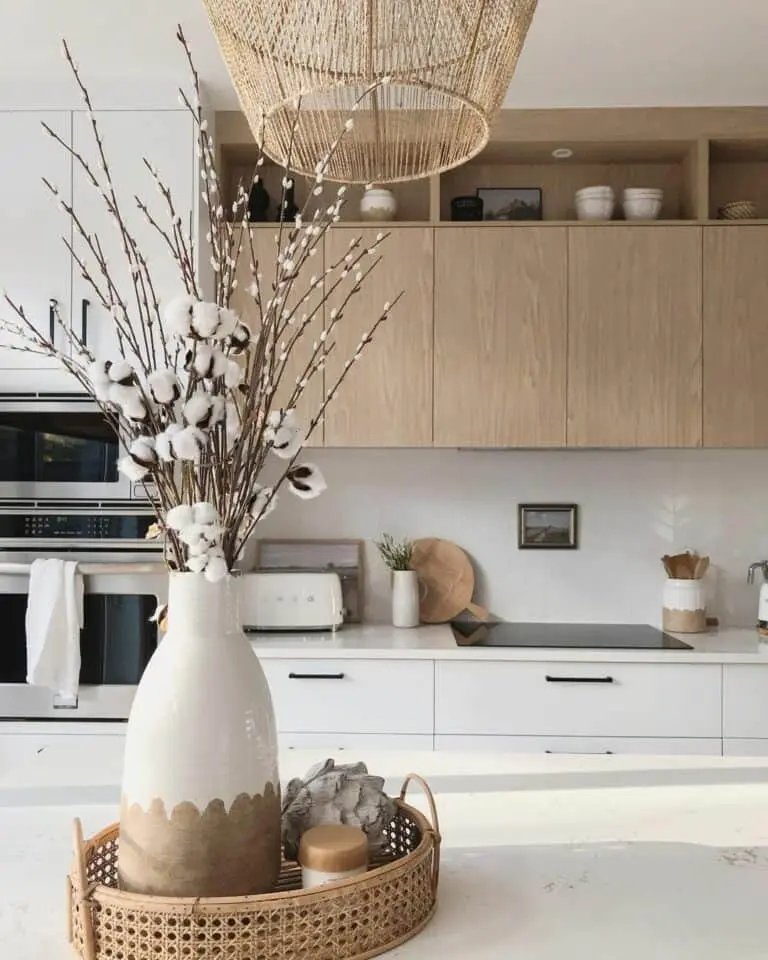 Light oak cabinets with open shelf