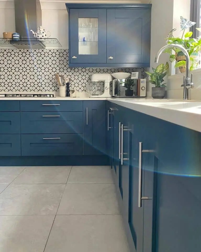 Navy Blue Cabinets with Stainless Handles