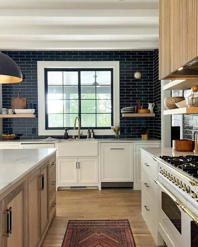 Oak cabinets blue tiles