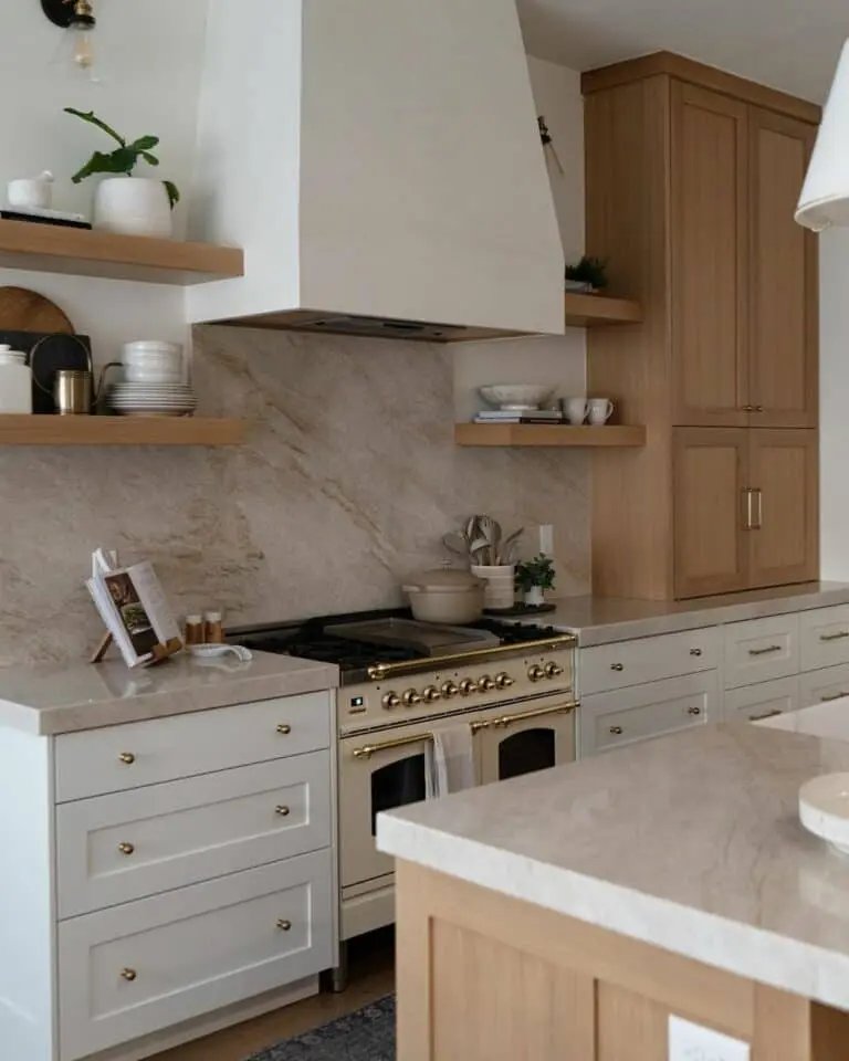 Oak cabinets with white plaster hood