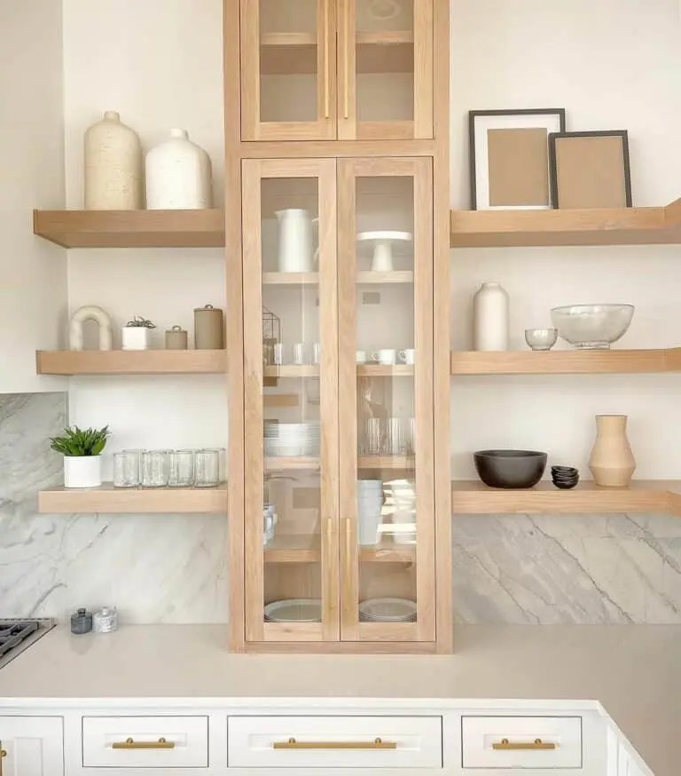 Oak glass cabinet with built-in shelves