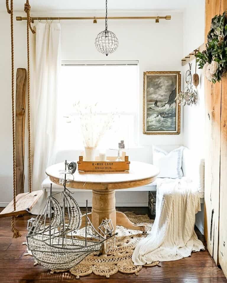 Round jute rug and light wood table