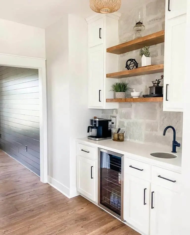 Stone wall with wood shelves