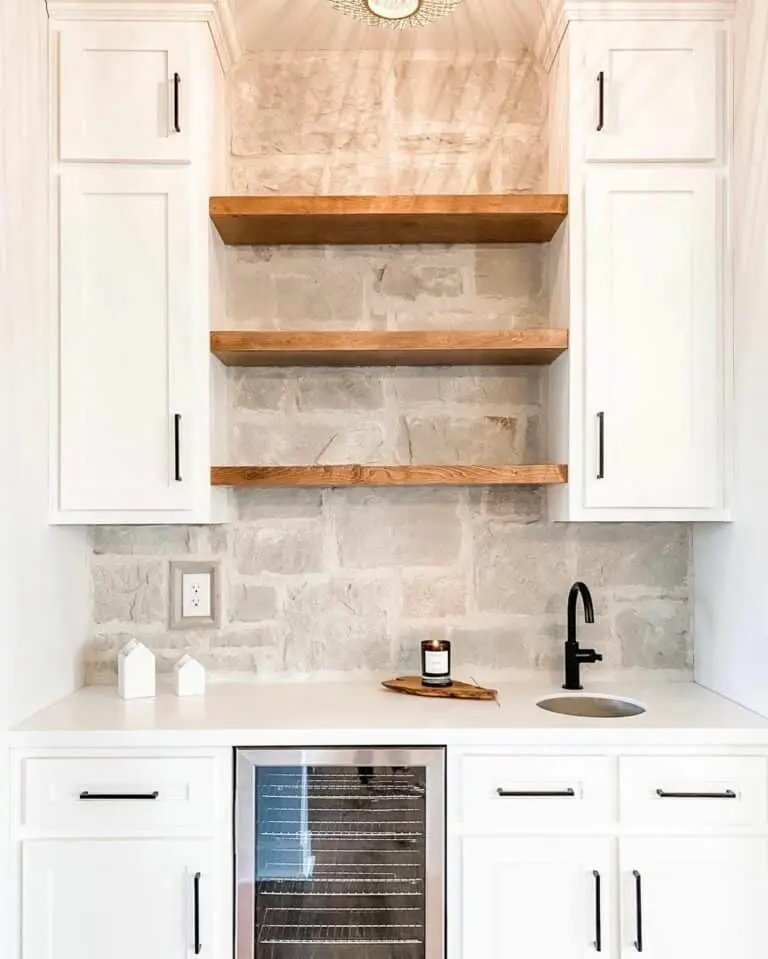 Stone wall with wood shelves
