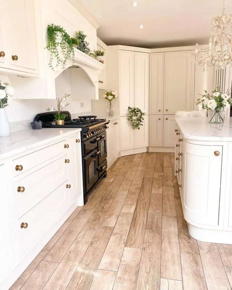 White and Cream Cabinets with Brass Handles