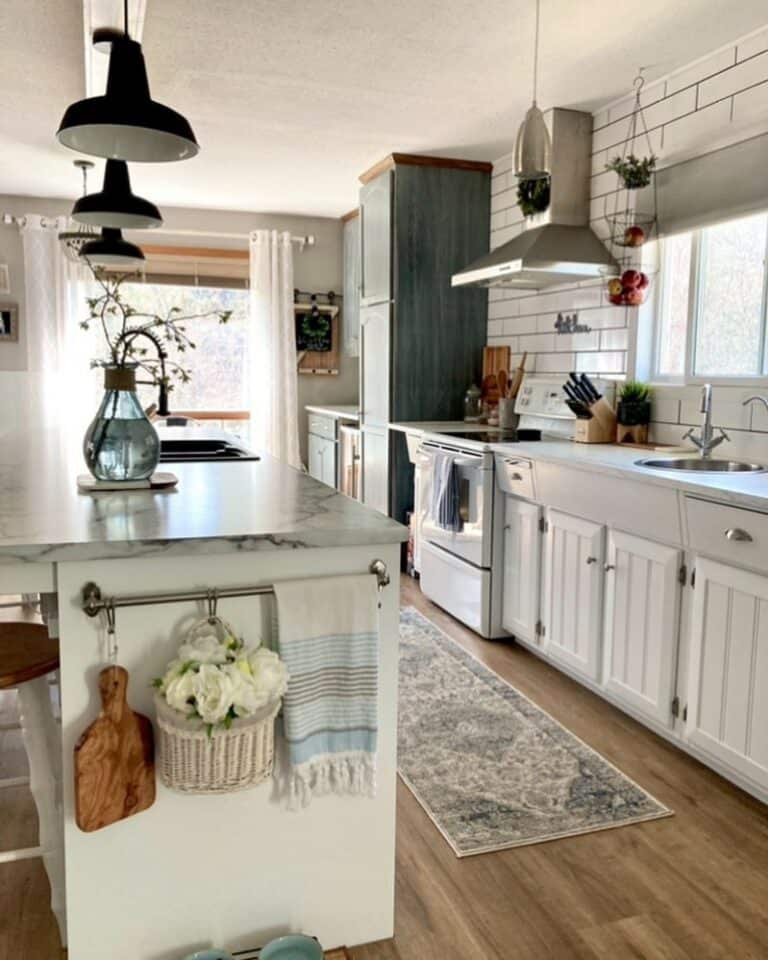 White cabinets blue accents