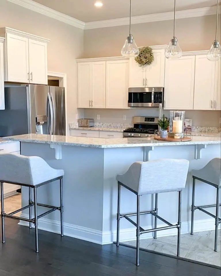 White cabinets, gray island