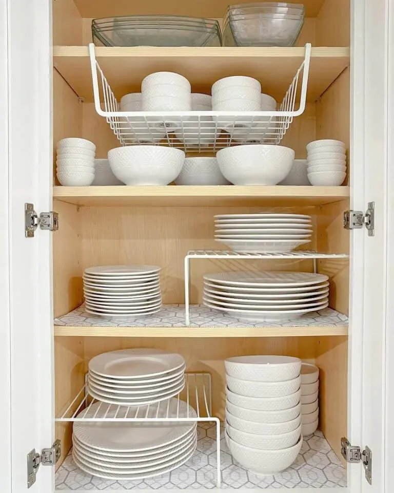 White Dishes on Wood Shelves