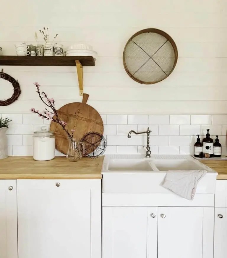 White Farmhouse Kitchen with Wood Countertop