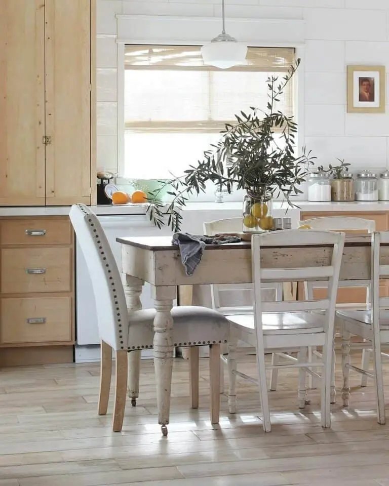 White kitchen with light oak cabinets