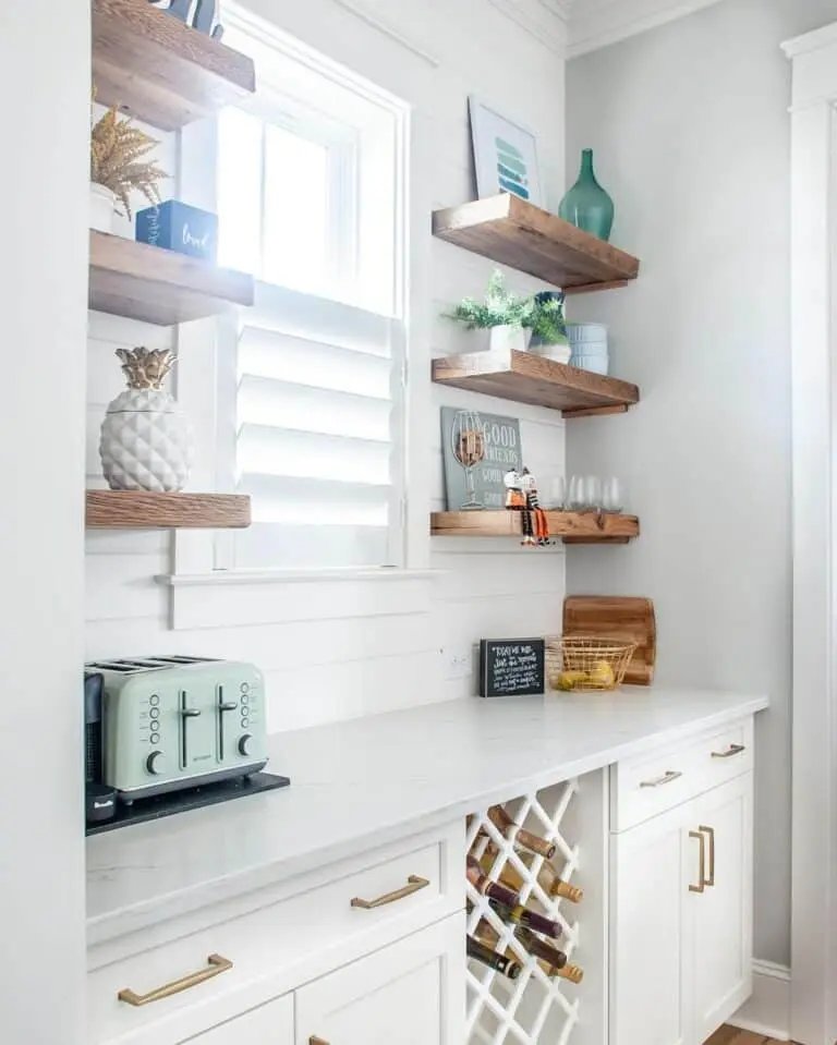 White Kitchen with Wooden Shelves