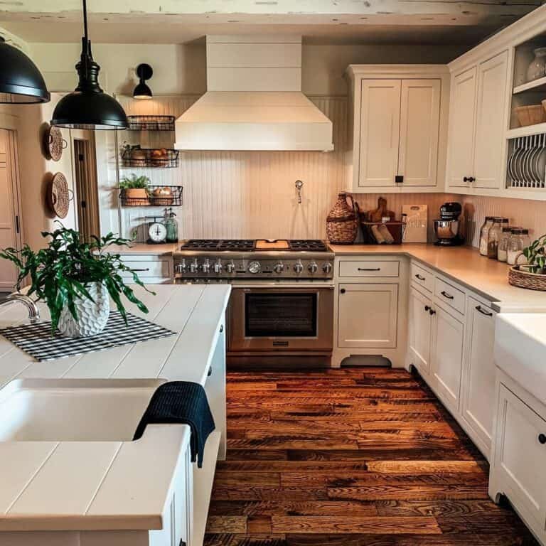 White Shiplap Kitchen with Rustic Wood Floors