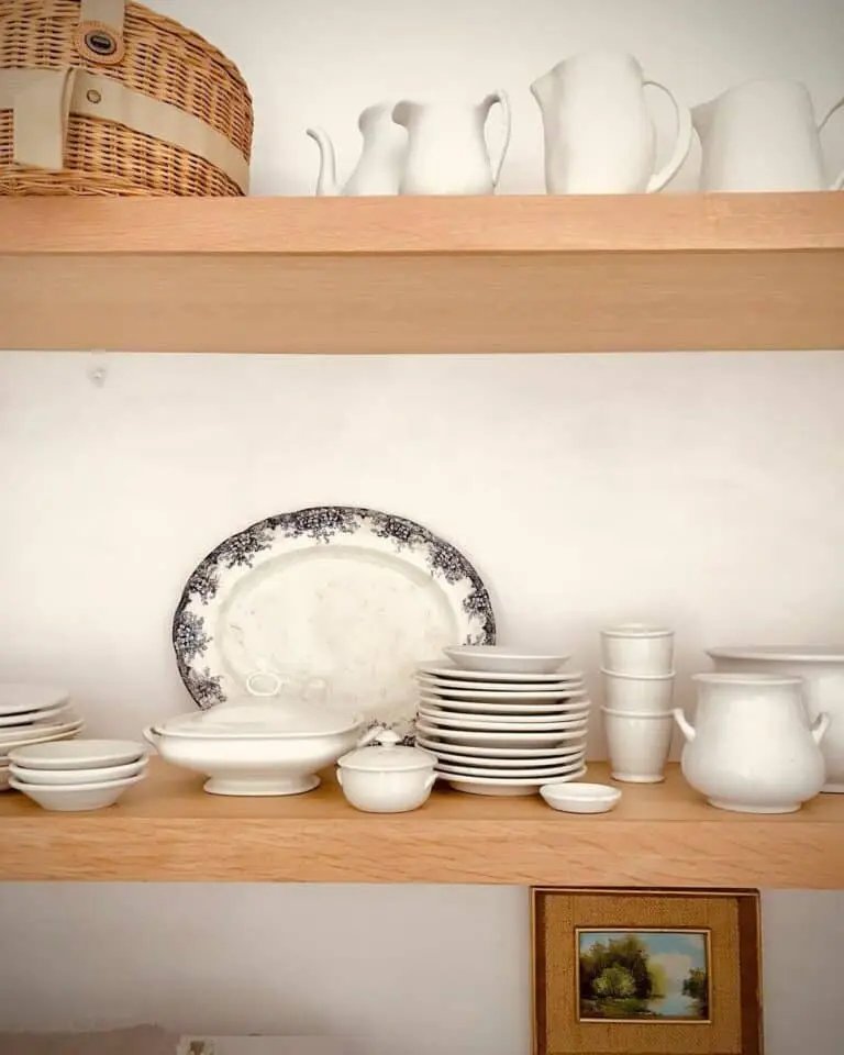 White Wood Shelves With Tableware