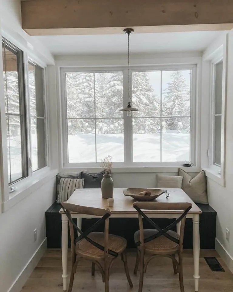 Window benches with snowy views