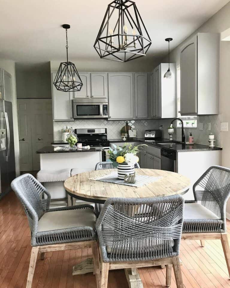 Wooden Table, Gray Cabinets